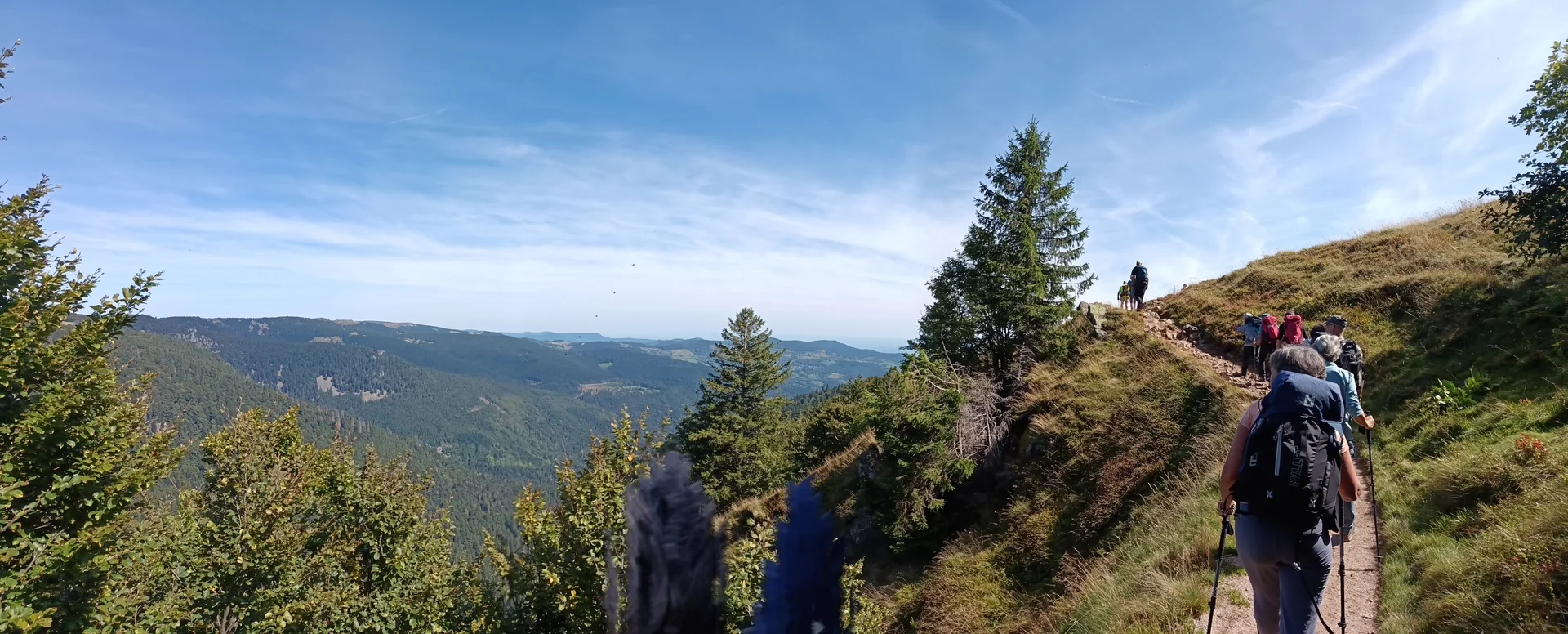 rechts schmaler Wanderweg, links Blick über bewaldete Hügel | © DAV Karlsruhe