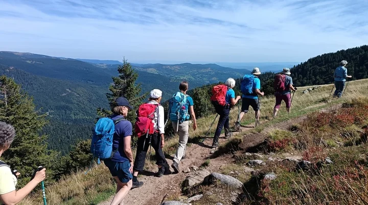 Wander:innen laufen vor hügeliger Kulisse und blauem Himmel | © DAV Karlsruhe