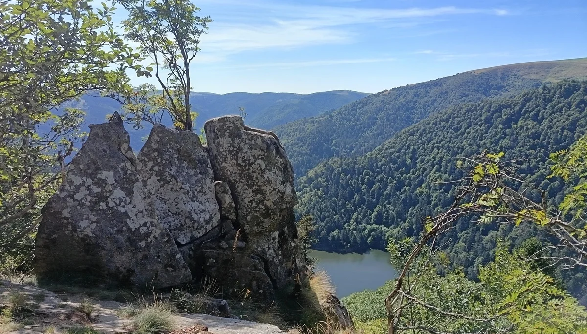Felsiger Stein im Vordergrund, Blick auf Fluss und bewaldete Hügel im Hintergrund | © DAV Karlsruhe